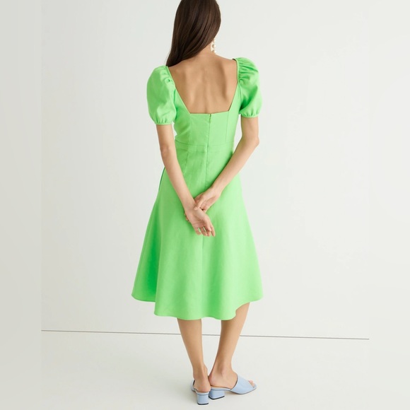 Puff-sleeve V-neck midi dress in stretch linen blend - Picture 2 of 2